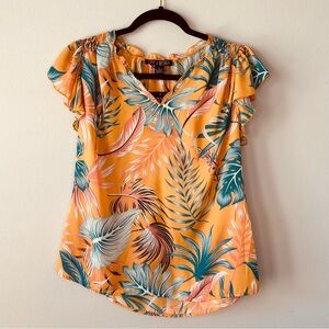 Love By Design Orange Tropical V-Neck Flutter Cap Sleeve Ruffled Top